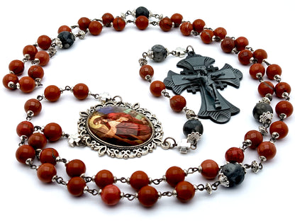 The Good Shepherd unique rosary beads with red jasper and larvikite gemstone beads, pewter crucifix and silver picture centre medal.