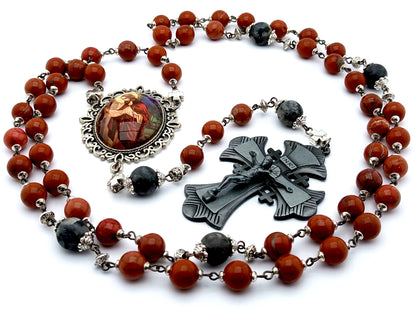 The Good Shepherd unique rosary beads with red jasper and larvikite gemstone beads, pewter crucifix and silver picture centre medal.