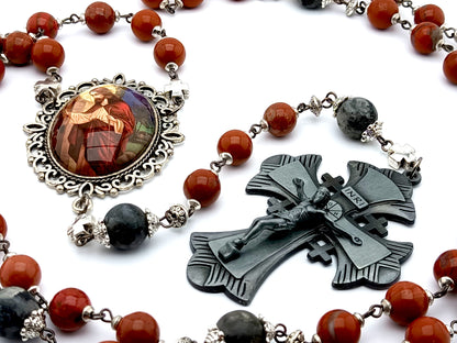 The Good Shepherd unique rosary beads with red jasper and larvikite gemstone beads, pewter crucifix and silver picture centre medal.