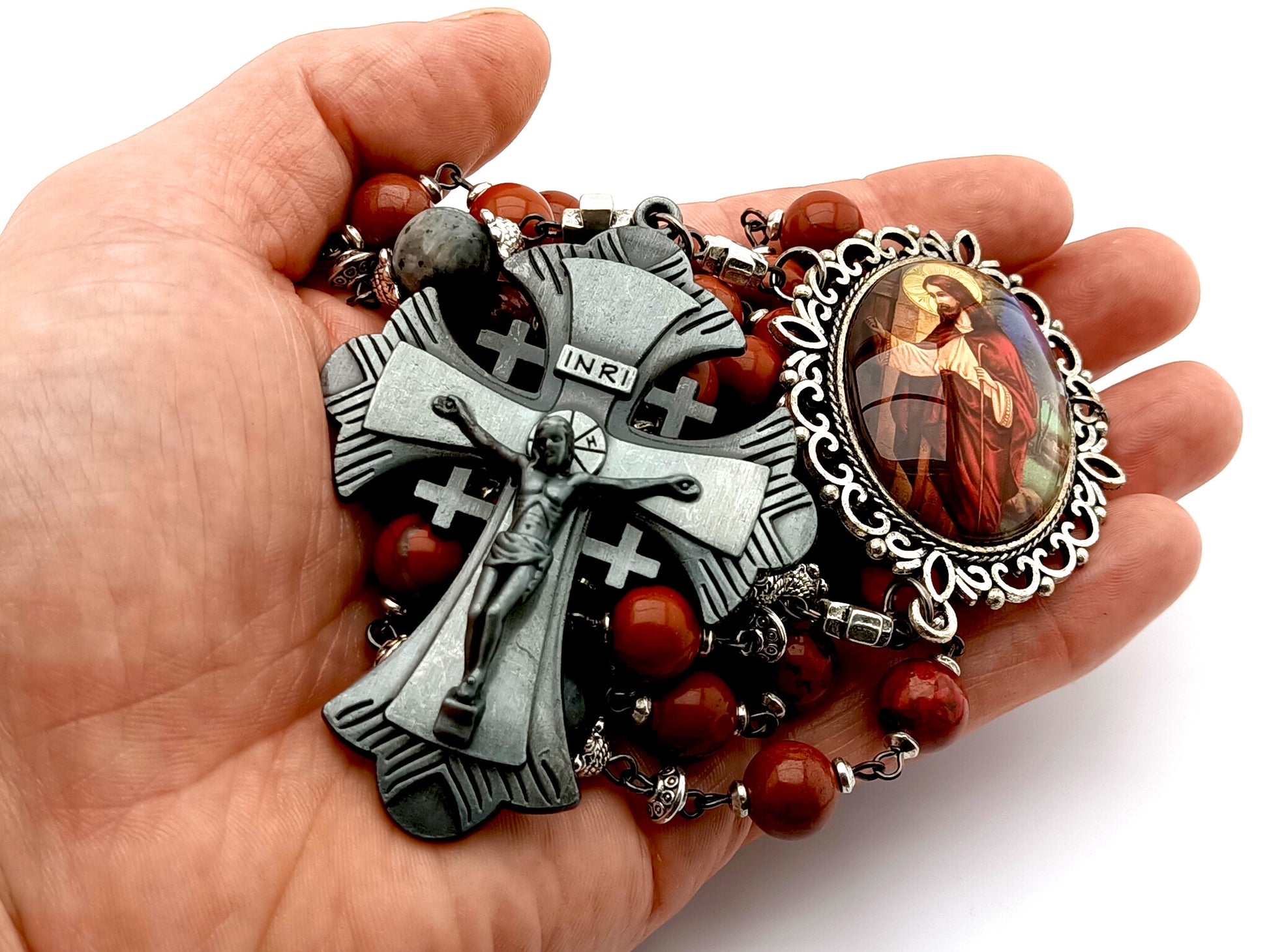 The Good Shepherd unique rosary beads with red jasper and larvikite gemstone beads, pewter crucifix and silver picture centre medal.