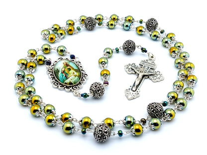 Holy Family unique rosary beads with green hematite gemstone and silver beads, pardon crucifix and picture centre medal.