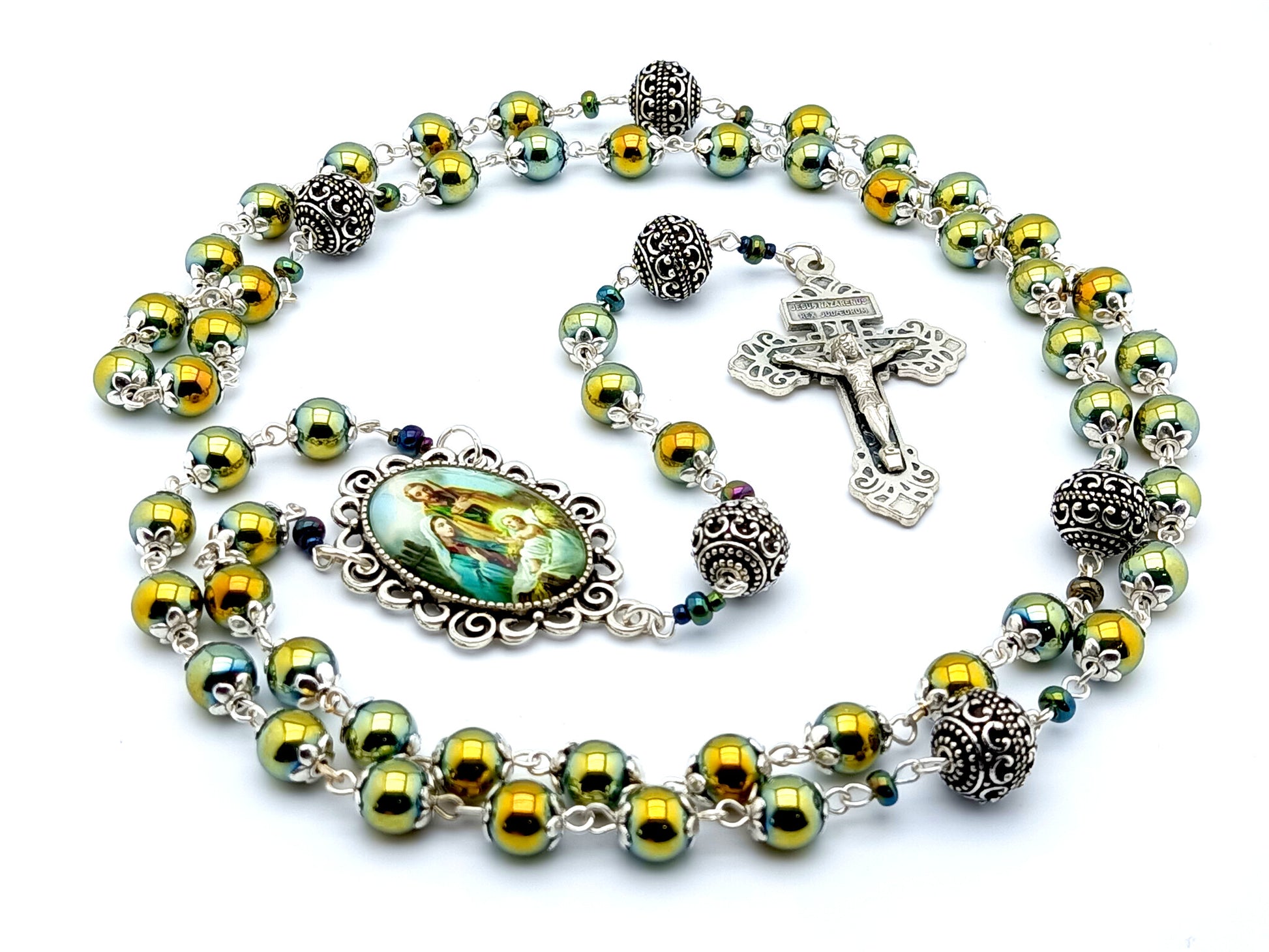 Holy Family unique rosary beads with green hematite gemstone and silver beads, pardon crucifix and picture centre medal.