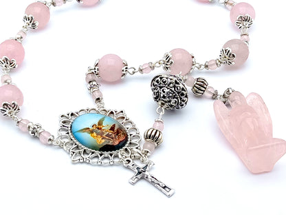 Rose quartz gemstone Saint Michael single decade rosary beads with Guardian Angel gemstone medal.