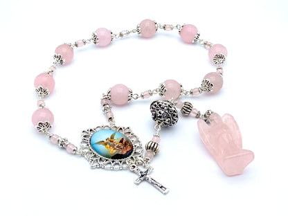 Rose quartz gemstone Saint Michael single decade rosary beads with Guardian Angel gemstone medal.