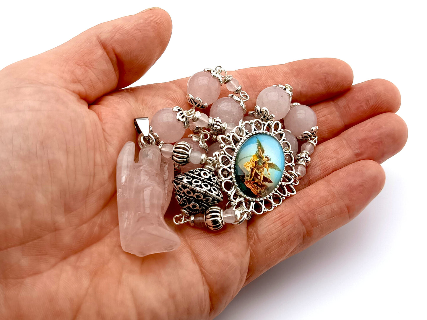 Rose quartz gemstone Saint Michael single decade rosary beads with Guardian Angel gemstone medal.