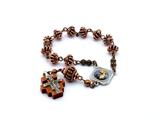 Saint Anthony unique rosary beads single decade rosary with copper lattice beads, wooden Saint Damian crucifix and picture centre medal.
