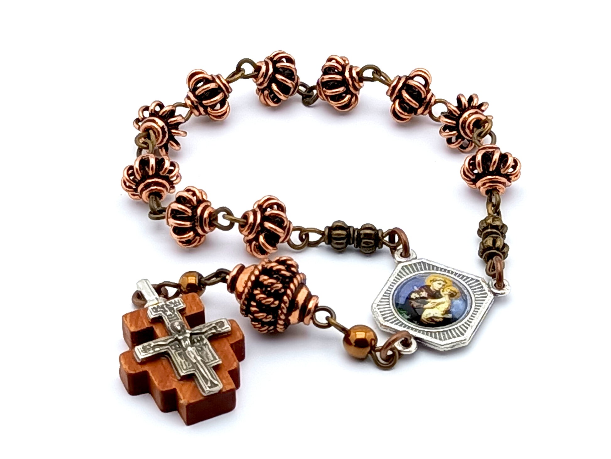 Saint Anthony unique rosary beads single decade rosary with copper lattice beads, wooden Saint Damian crucifix and picture centre medal.