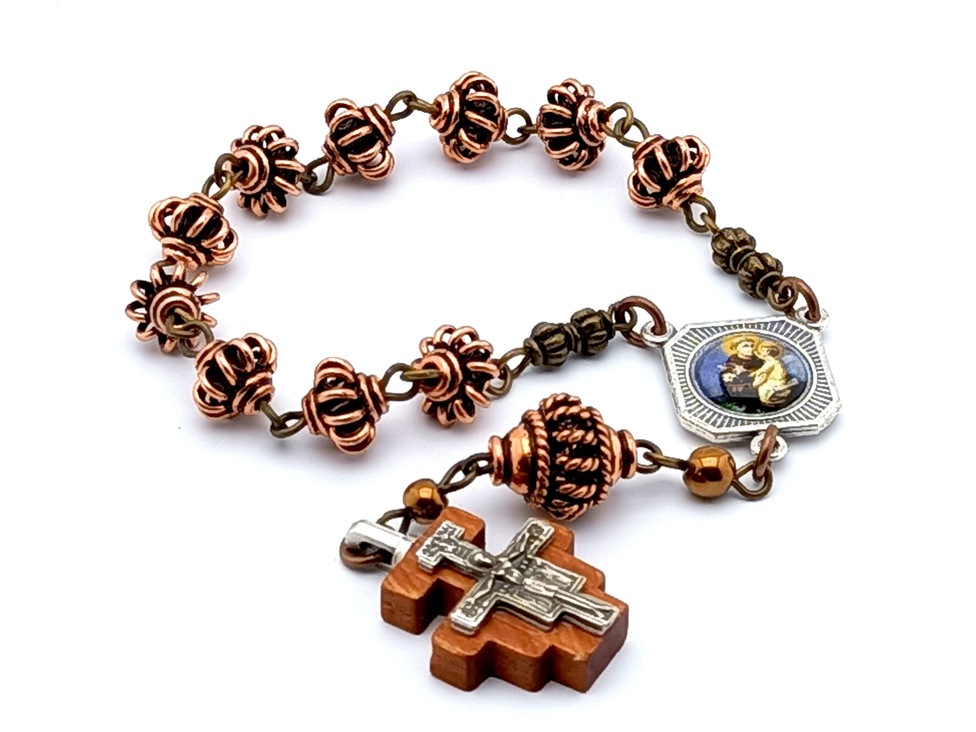 Saint Anthony unique rosary beads single decade rosary with copper lattice beads, wooden Saint Damian crucifix and picture centre medal.