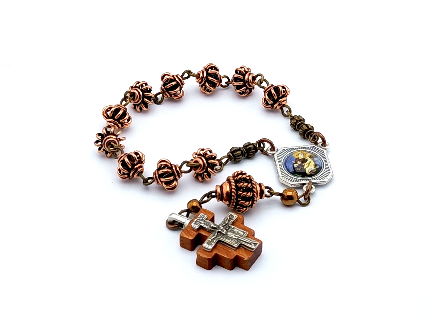 Saint Anthony unique rosary beads single decade rosary with copper lattice beads, wooden Saint Damian crucifix and picture centre medal.