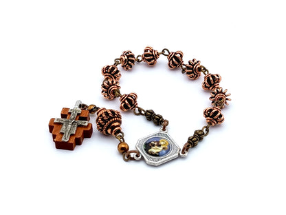 Saint Anthony unique rosary beads single decade rosary with copper lattice beads, wooden Saint Damian crucifix and picture centre medal.