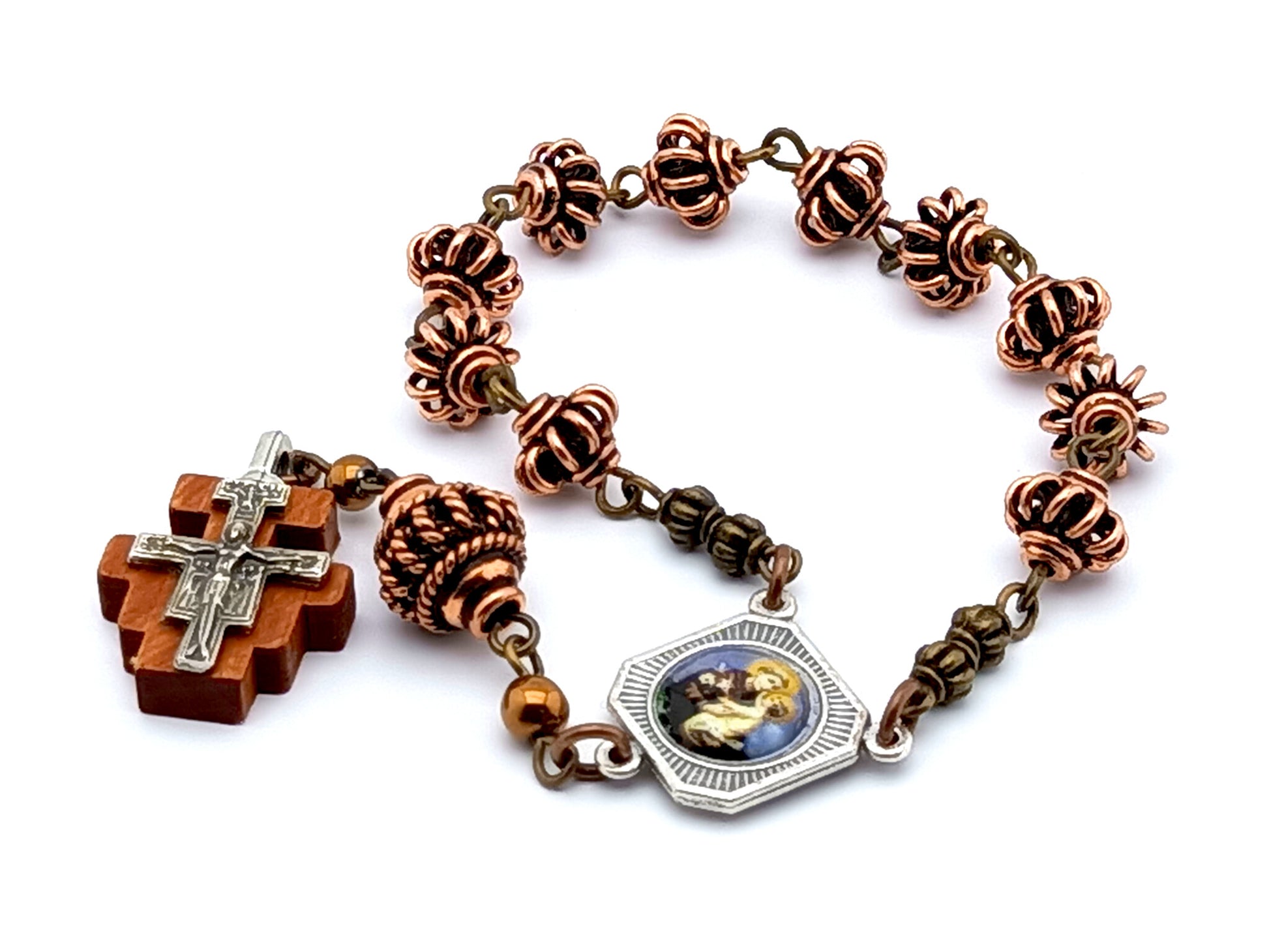 Saint Anthony unique rosary beads single decade rosary with copper lattice beads, wooden Saint Damian crucifix and picture centre medal.