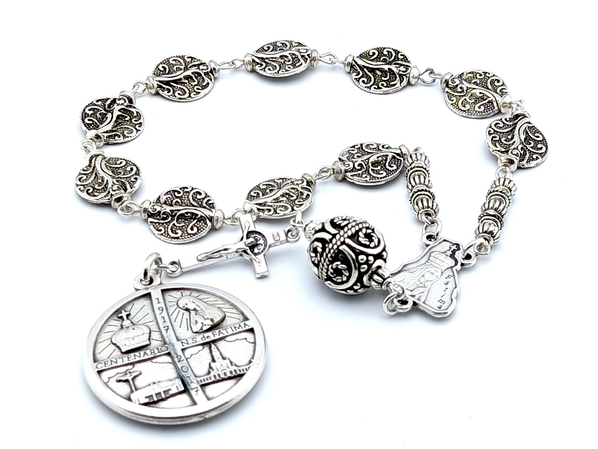 Our Lady of Fatima unique rosary beads single decade rosary beads with silver coin beads, Fatima centre medal, Saint benedict crucifix and Fatima centenary medal.