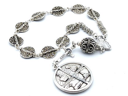 Our Lady of Fatima unique rosary beads single decade rosary beads with silver coin beads, Fatima centre medal, Saint benedict crucifix and Fatima centenary medal.