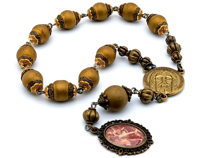 Saint Michael unique rosary beads single decade rosary with golden glass and bronze beads, bronze Holy Face centre medal and Saint Michael picture end medal.