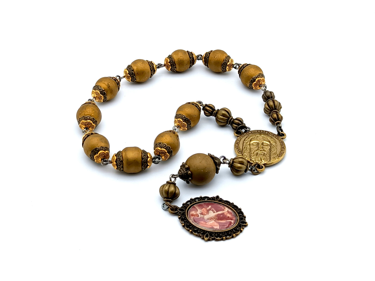 Saint Michael unique rosary beads single decade rosary with golden glass and bronze beads, bronze Holy Face centre medal and Saint Michael picture end medal.