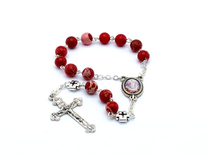 The Ascension unique rosary beads single decade rosary with red jasper beads, silver crosses, picture centre medal and crucifix.