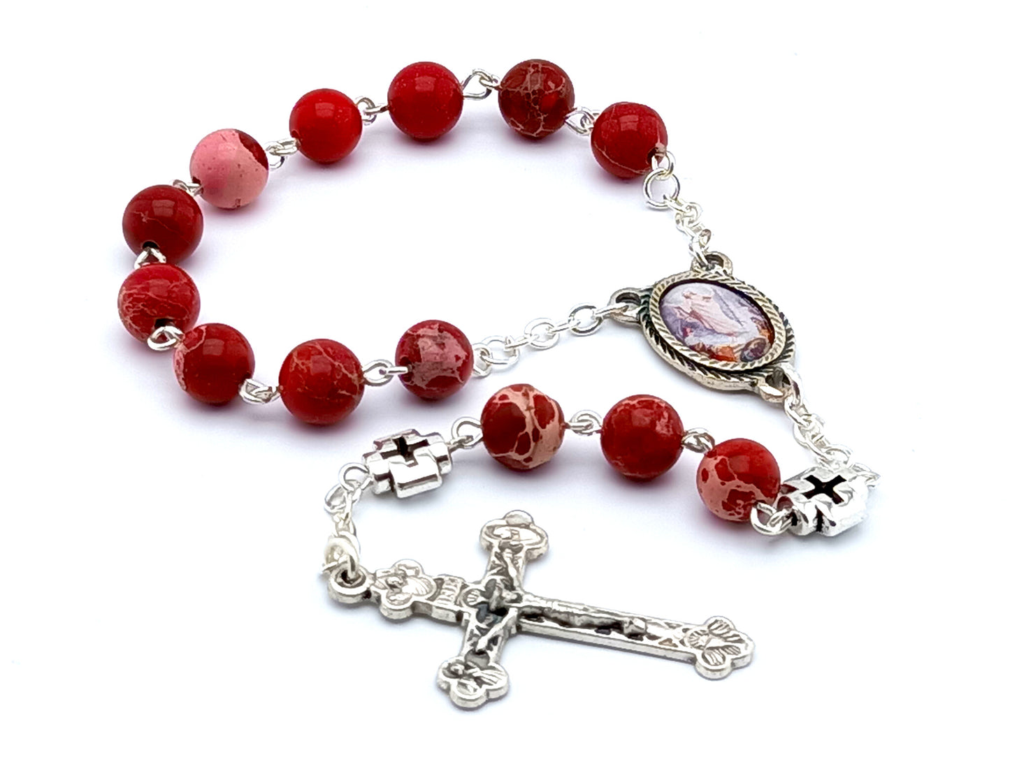 The Ascension unique rosary beads single decade rosary with red jasper beads, silver crosses, picture centre medal and crucifix.