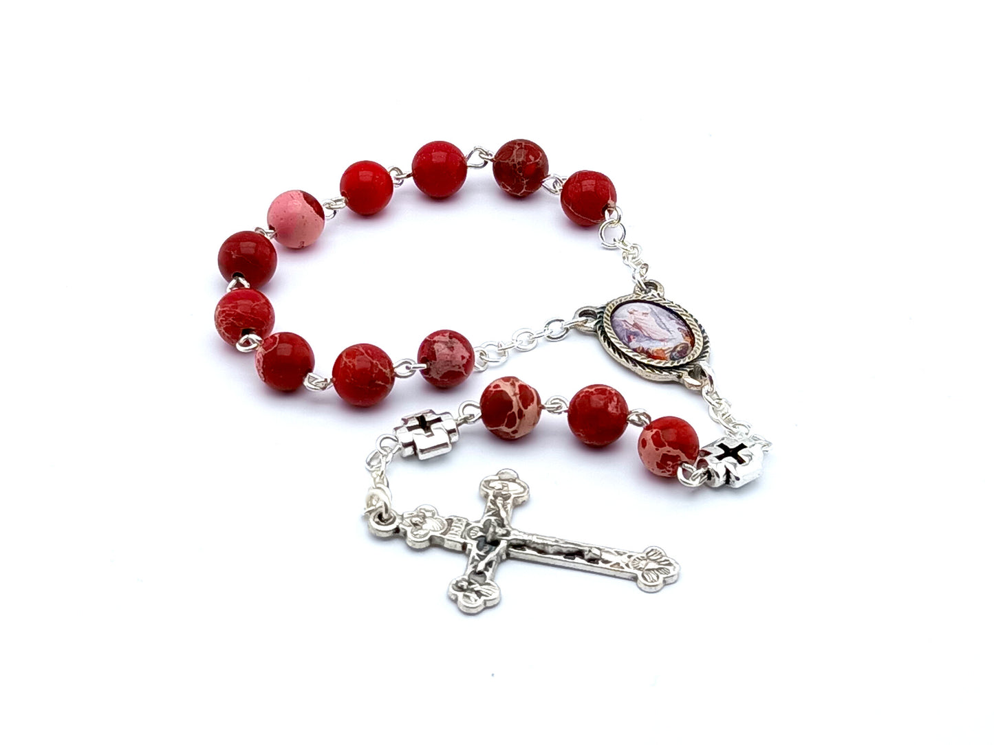 The Ascension unique rosary beads single decade rosary with red jasper beads, silver crosses, picture centre medal and crucifix.