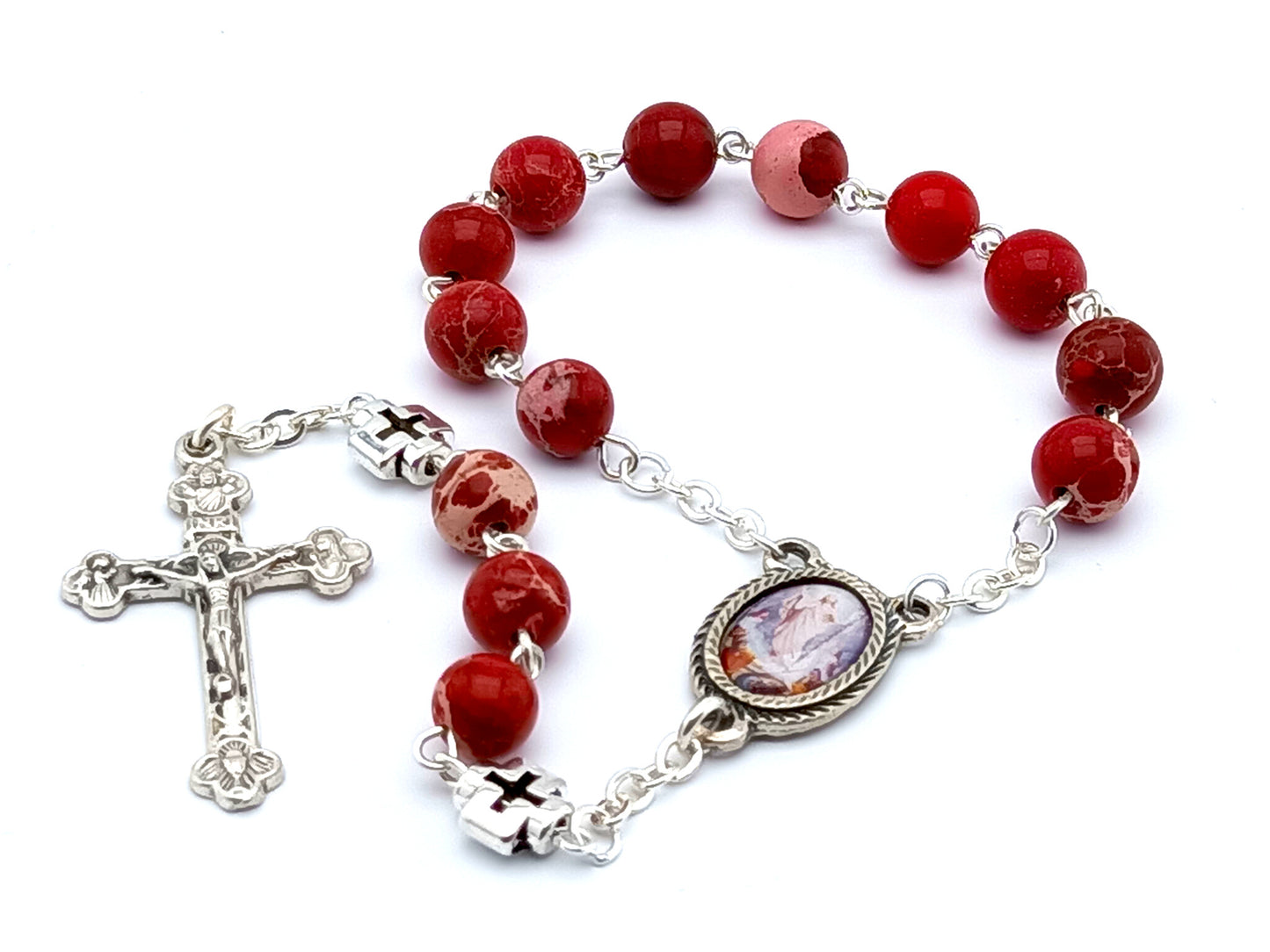 The Ascension unique rosary beads single decade rosary with red jasper beads, silver crosses, picture centre medal and crucifix.