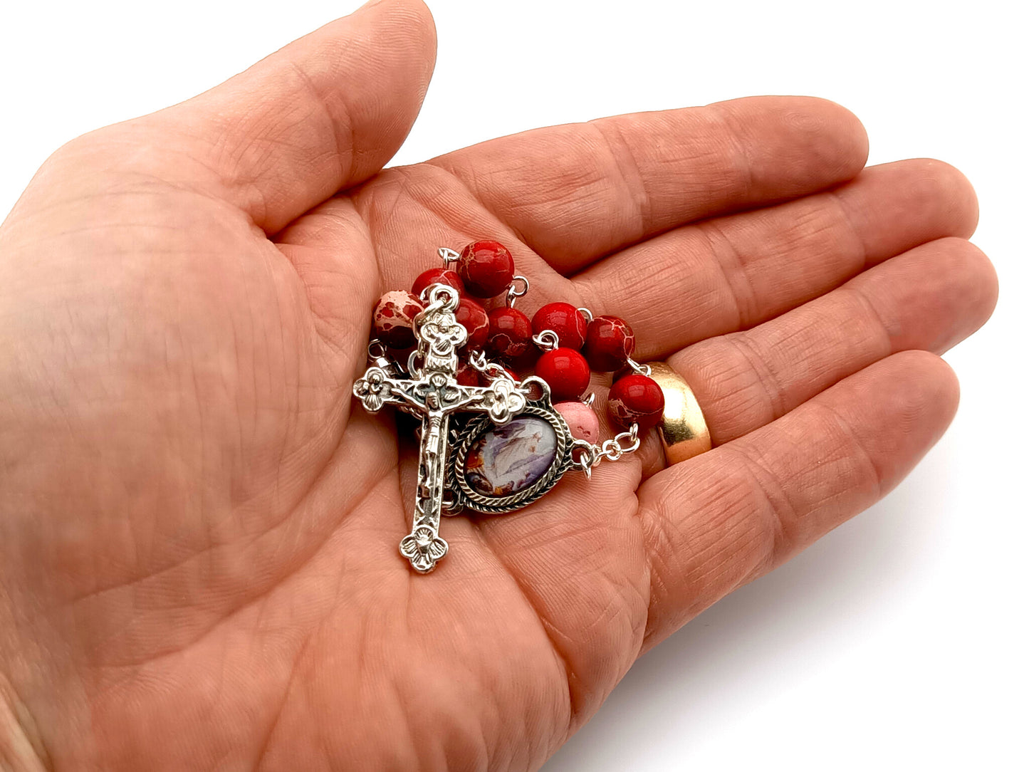 The Ascension unique rosary beads single decade rosary with red jasper beads, silver crosses, picture centre medal and crucifix.
