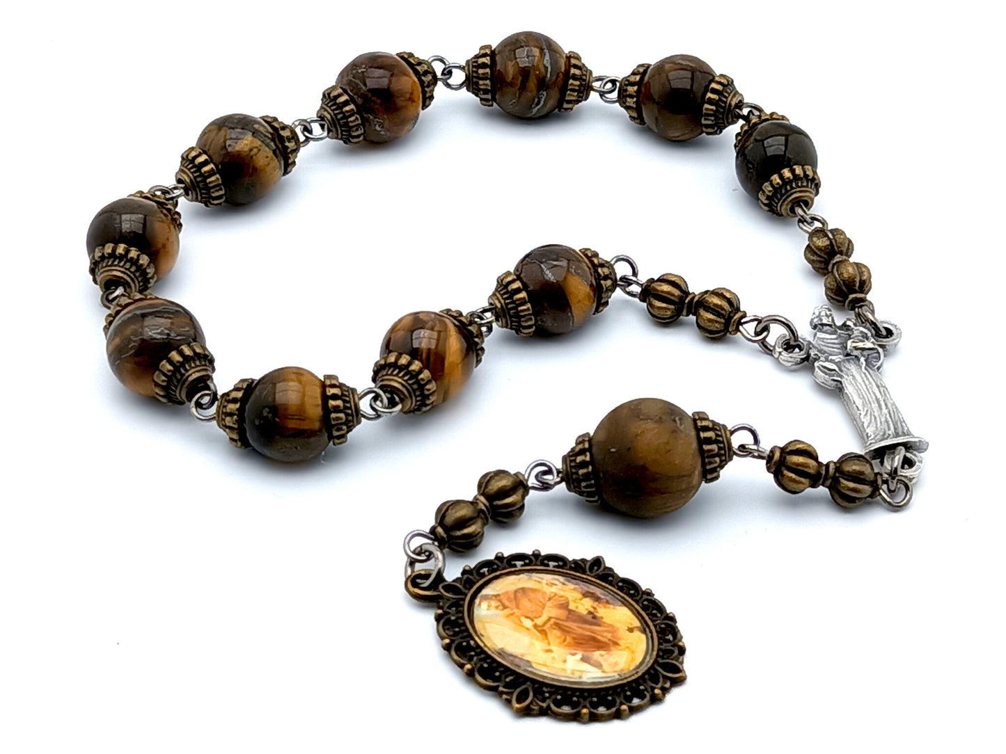 Saint Francis of Assisi unique rosary beads single decade rosary with tigers eye gemstone beads, silver statue centre medal and picture end medal.