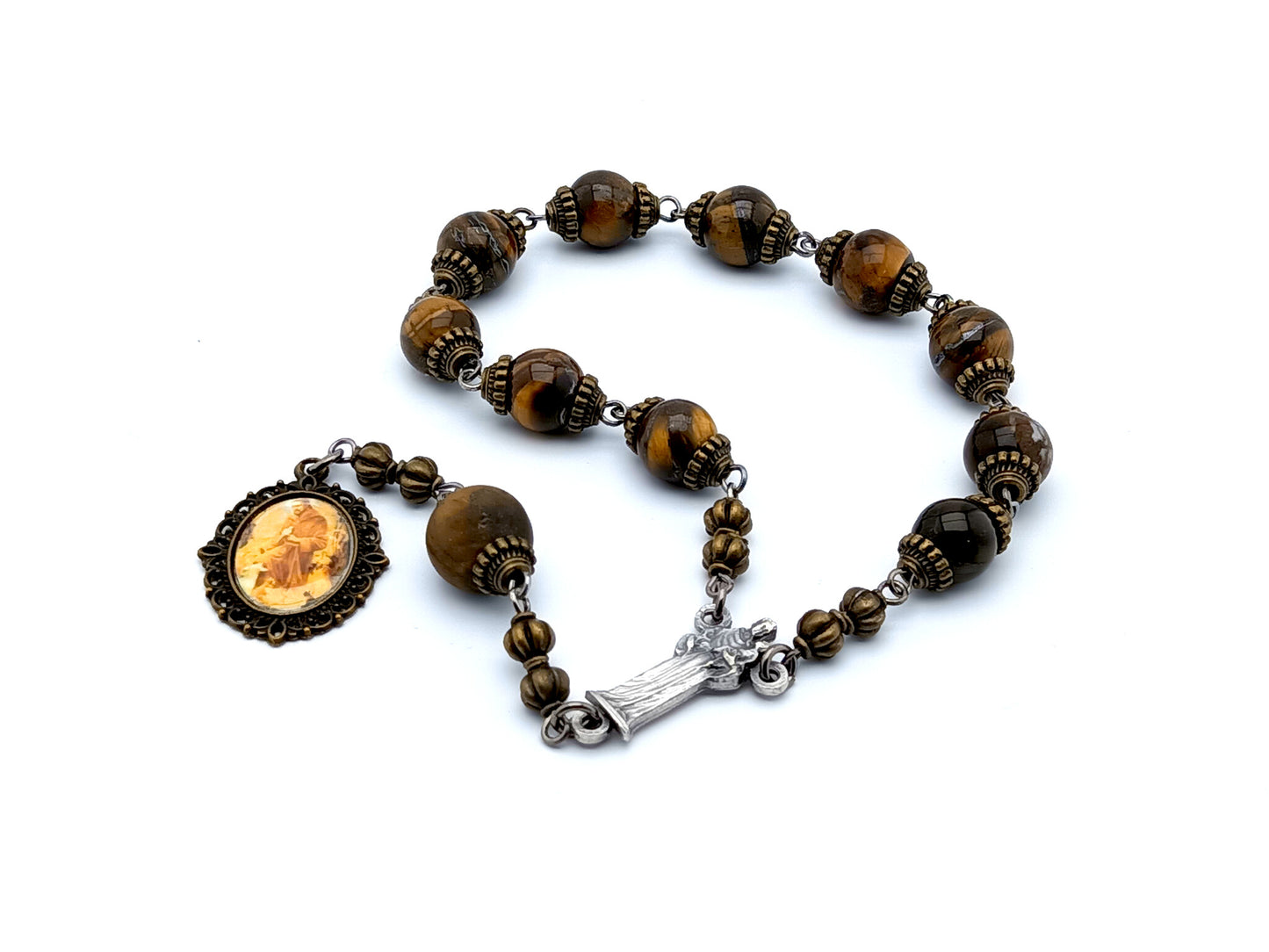 Saint Francis of Assisi unique rosary beads single decade rosary with tigers eye gemstone beads, silver statue centre medal and picture end medal.