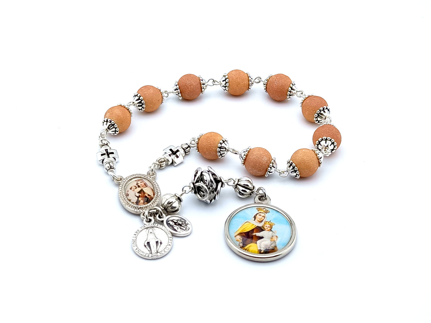 Our Lady of Mount Carmel unique rosary beads single decade rosary with buff glass and silver lattice beads, silver picture centre and end medals.