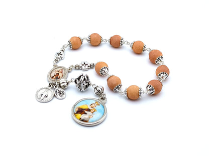 Our Lady of Mount Carmel unique rosary beads single decade rosary with buff glass and silver lattice beads, silver picture centre and end medals.