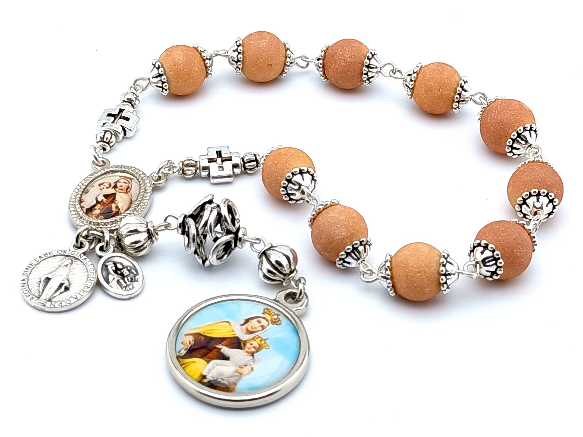Our Lady of Mount Carmel unique rosary beads single decade rosary with buff glass and silver lattice beads, silver picture centre and end medals.