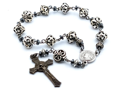 Saint John Paul II unique rosary beads single decade rosary with silver lattice beads, JPII centre medal and black Saint Benedict crucifix.