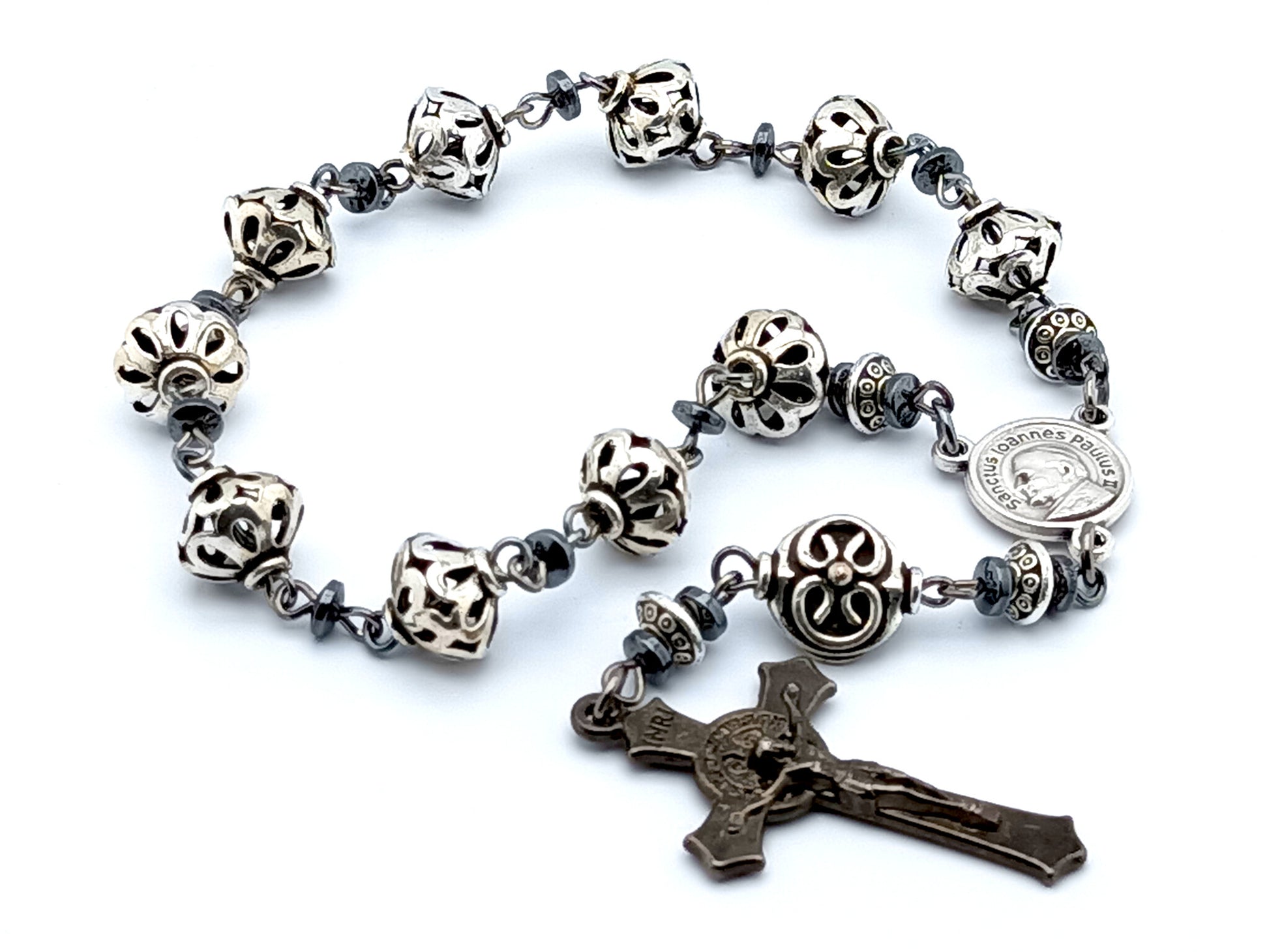 Saint John Paul II unique rosary beads single decade rosary with silver lattice beads, JPII centre medal and black Saint Benedict crucifix.