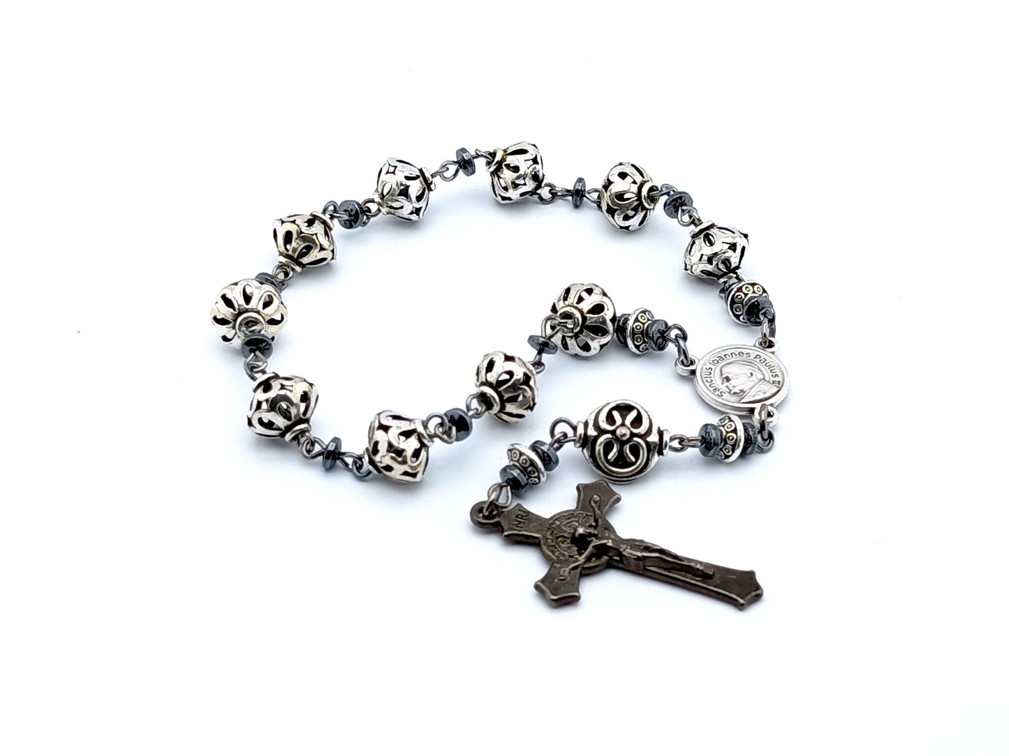 Saint John Paul II unique rosary beads single decade rosary with silver lattice beads, JPII centre medal and black Saint Benedict crucifix.