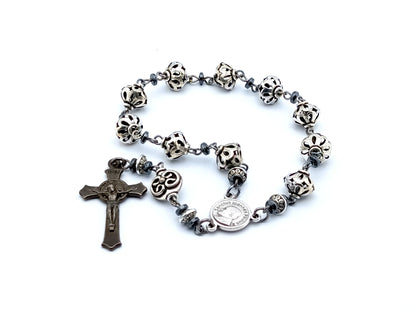 Saint John Paul II unique rosary beads single decade rosary with silver lattice beads, JPII centre medal and black Saint Benedict crucifix.