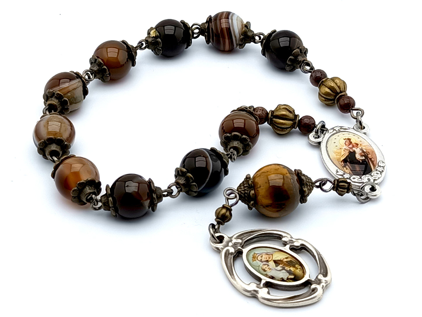 Our lady of Mount Carmel unique rosary beads single decade rosary with agate and tigers eye gemstone beads and silver centre and end medals.