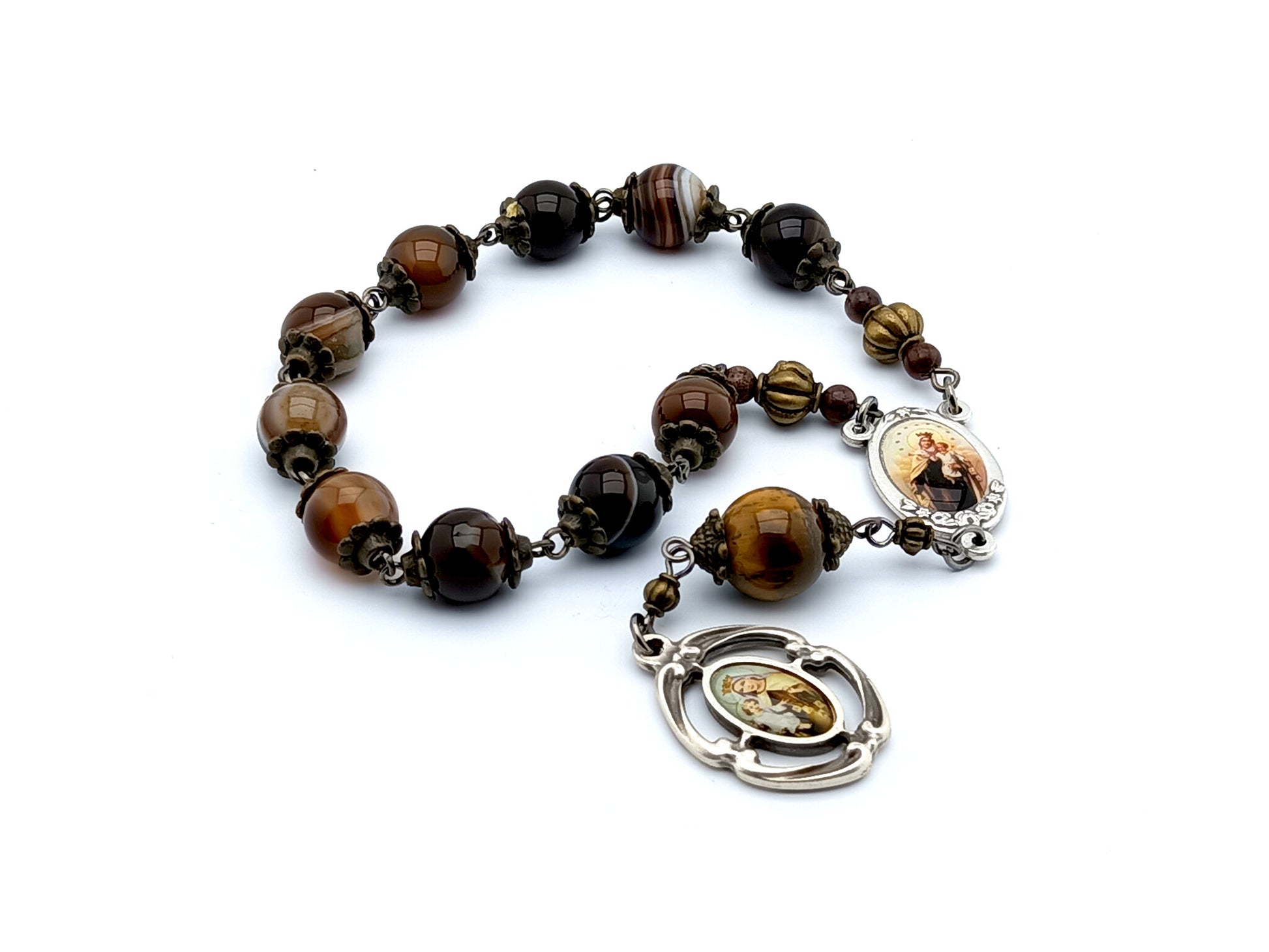 Our lady of Mount Carmel unique rosary beads single decade rosary with agate and tigers eye gemstone beads and silver centre and end medals.