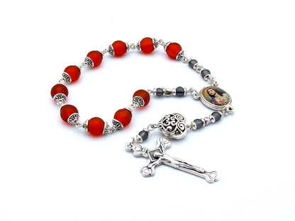 Sacred Heart unique rosary beads single decade rosary with red frosted glass and silver beads, silver crucifix and picture centre medal.