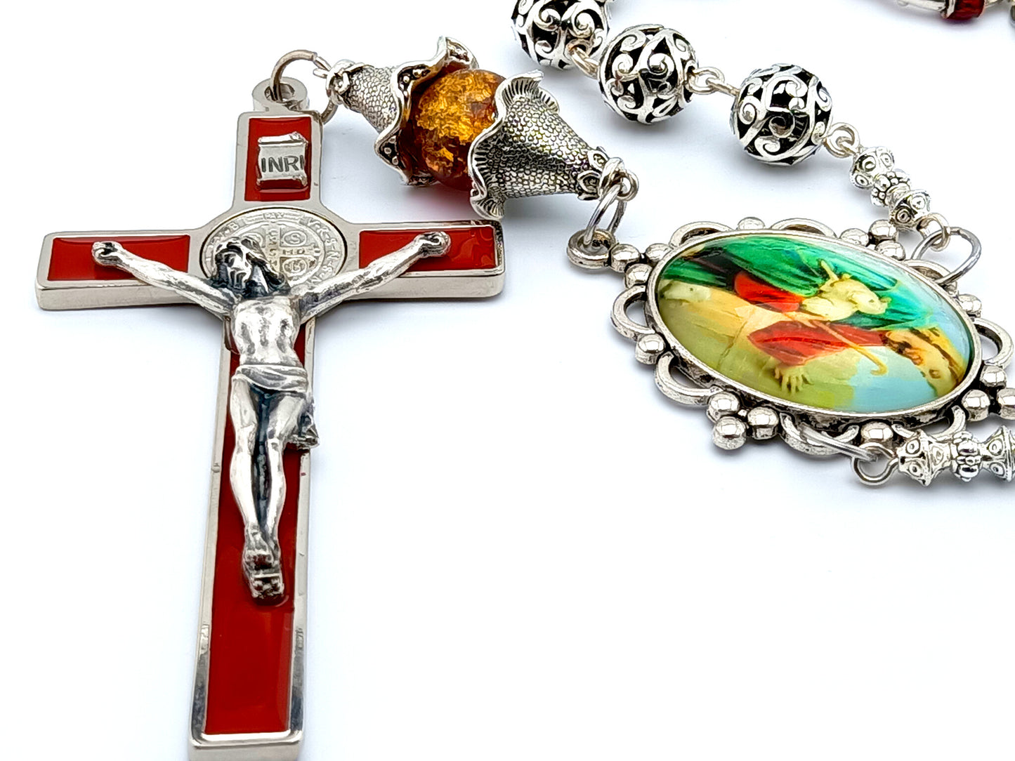 Large red enamel Saint Benedict wall crucifix and single decade Jesus the good Shepard Tibetan silver rosary.