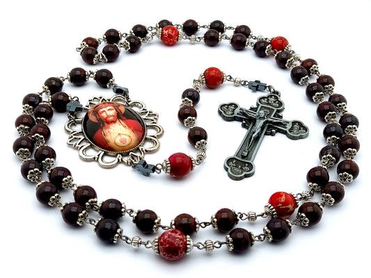 Sacred Heart unique rosary beads with deep red gemstone beads, pewter Twelve Apostles crucifix and silver picture centre medal.