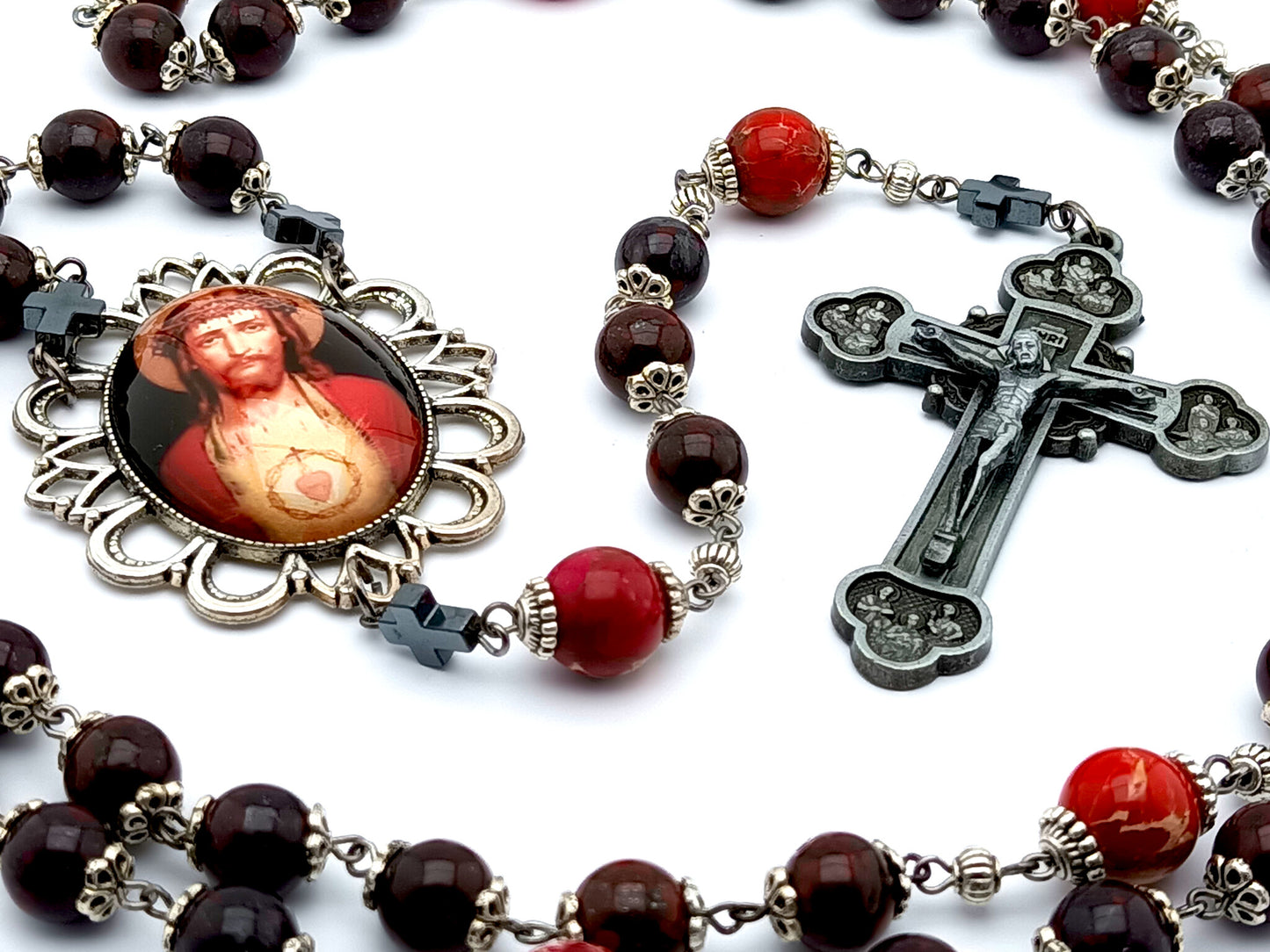 Sacred Heart unique rosary beads with deep red gemstone beads, pewter Twelve Apostles crucifix and silver picture centre medal.