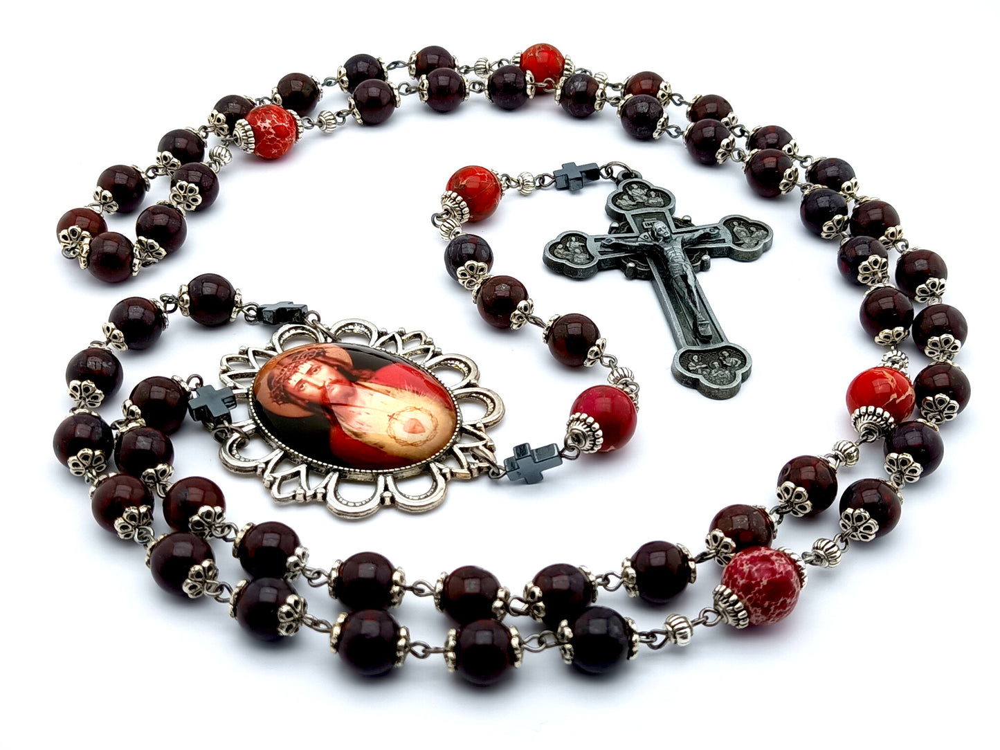 Sacred Heart unique rosary beads with deep red gemstone beads, pewter Twelve Apostles crucifix and silver picture centre medal.