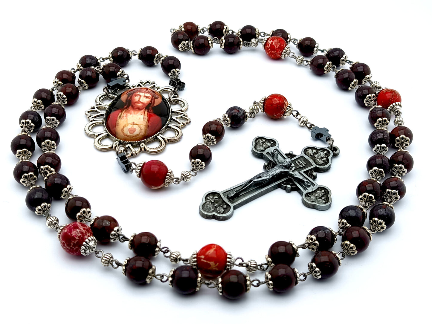 Sacred Heart unique rosary beads with deep red gemstone beads, pewter Twelve Apostles crucifix and silver picture centre medal.