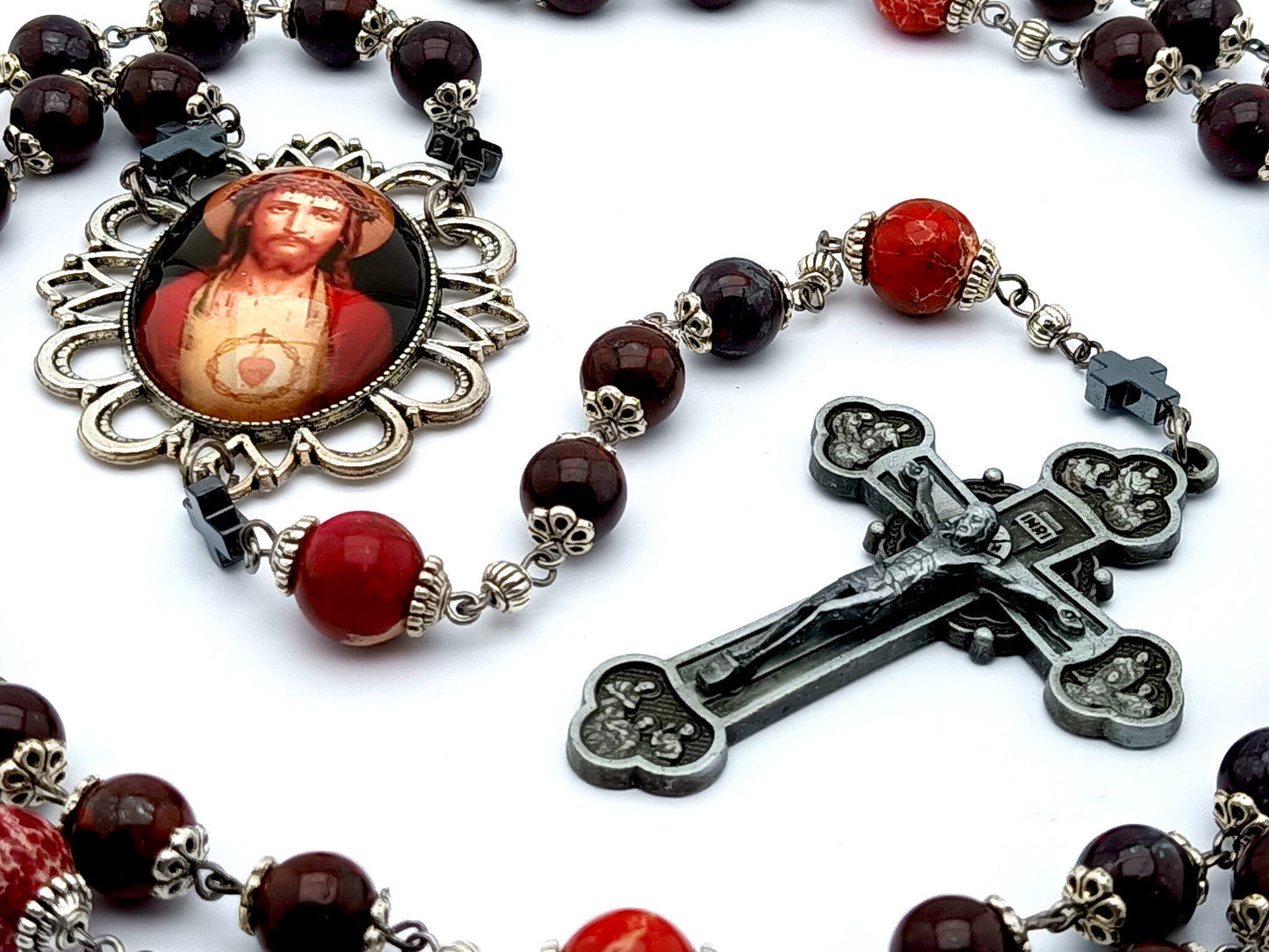 Sacred Heart unique rosary beads with deep red gemstone beads, pewter Twelve Apostles crucifix and silver picture centre medal.