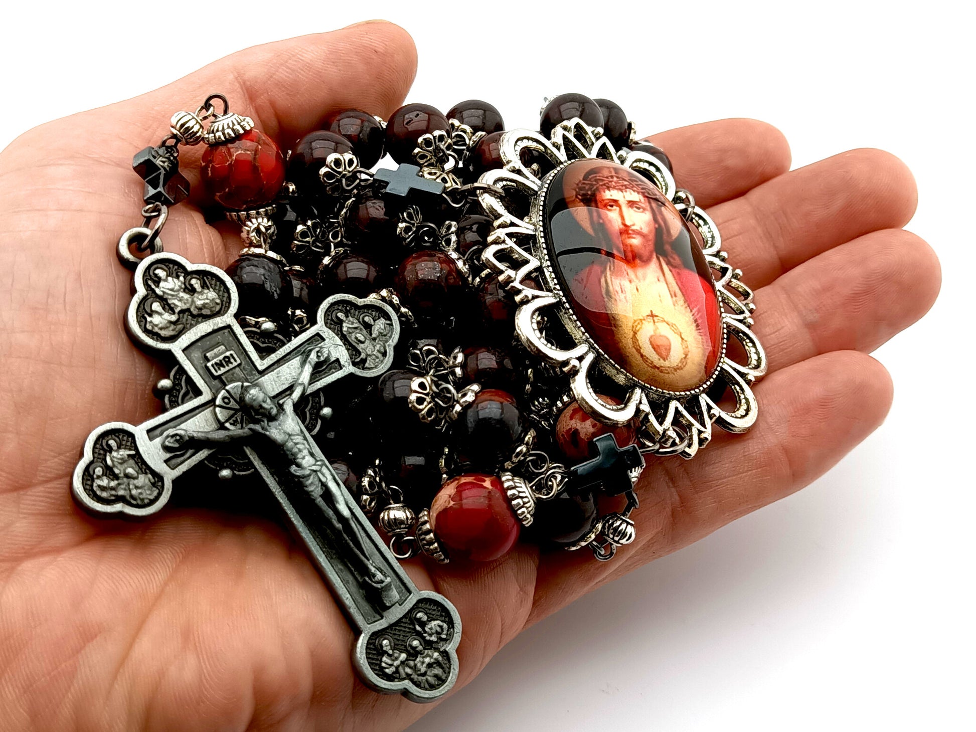 Sacred Heart unique rosary beads with deep red gemstone beads, pewter Twelve Apostles crucifix and silver picture centre medal.