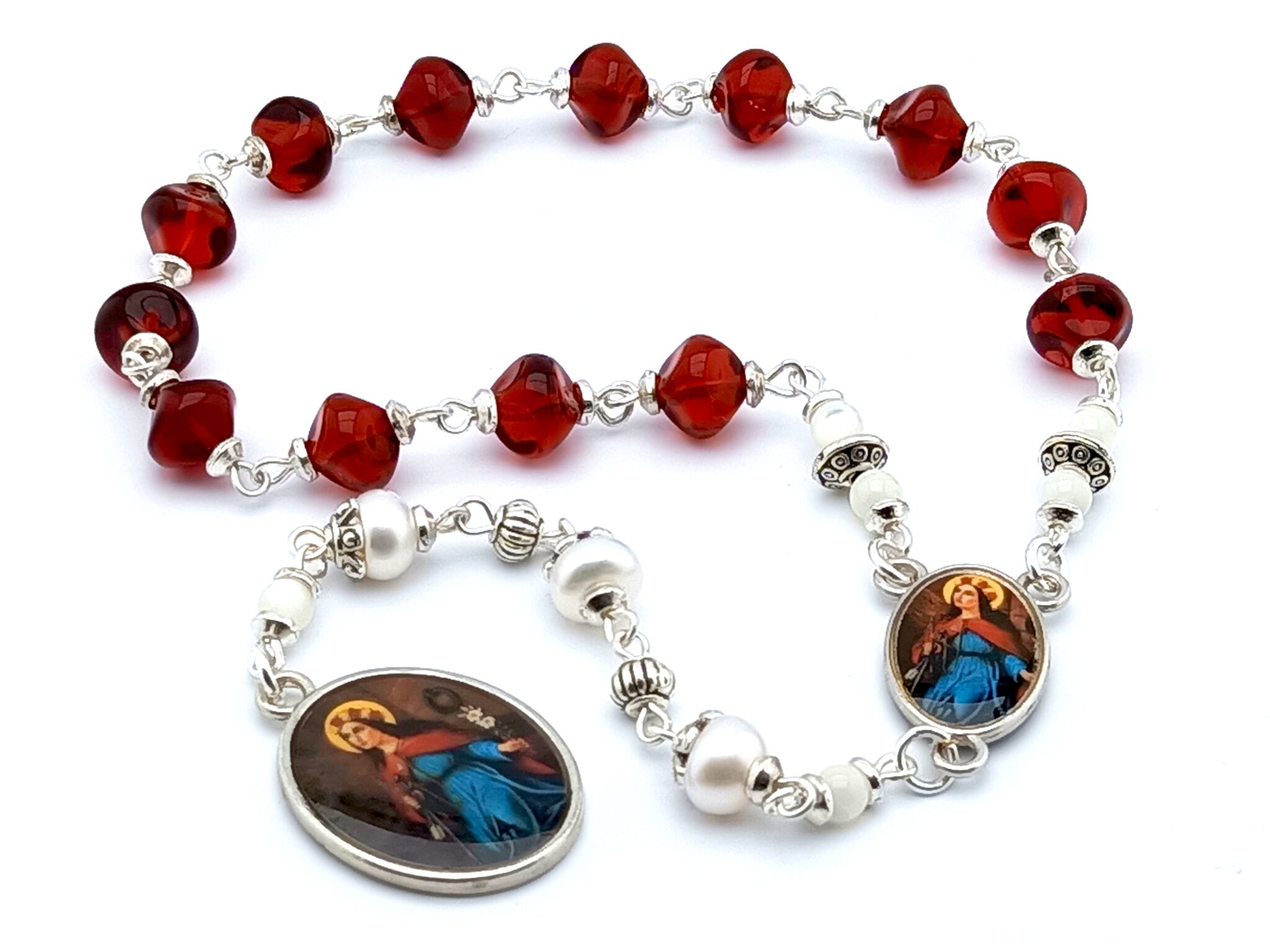 Saint Philomena unique rosary beads prayer chaplet with red nugget glass and pearl beads and double sided picture medals.