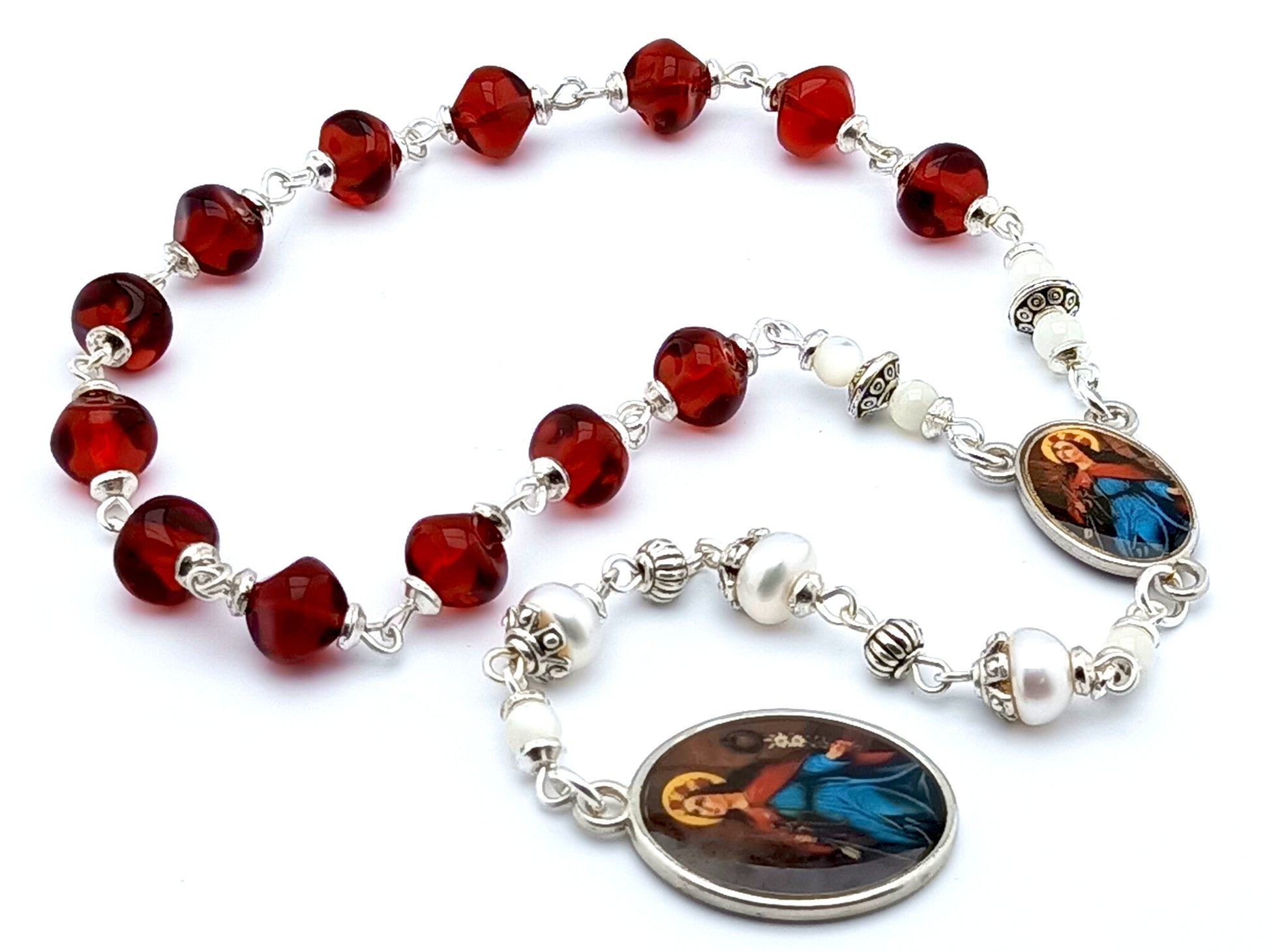 Saint Philomena unique rosary beads prayer chaplet with red nugget glass and pearl beads and double sided picture medals.