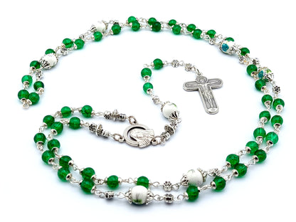 Our Lady of Sorrows unique rosary beads dolor rosary with green glass and porcelain beads, silver crucifix, centre medal and bead caps.