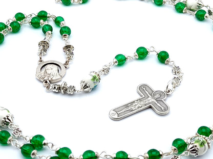 Our Lady of Sorrows unique rosary beads dolor rosary with green glass and porcelain beads, silver crucifix, centre medal and bead caps.