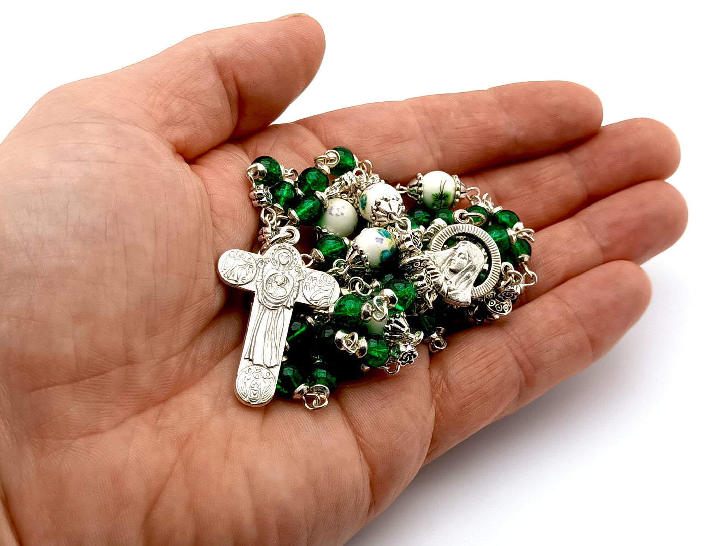 Our Lady of Sorrows unique rosary beads dolor rosary with green glass and porcelain beads, silver crucifix, centre medal and bead caps.