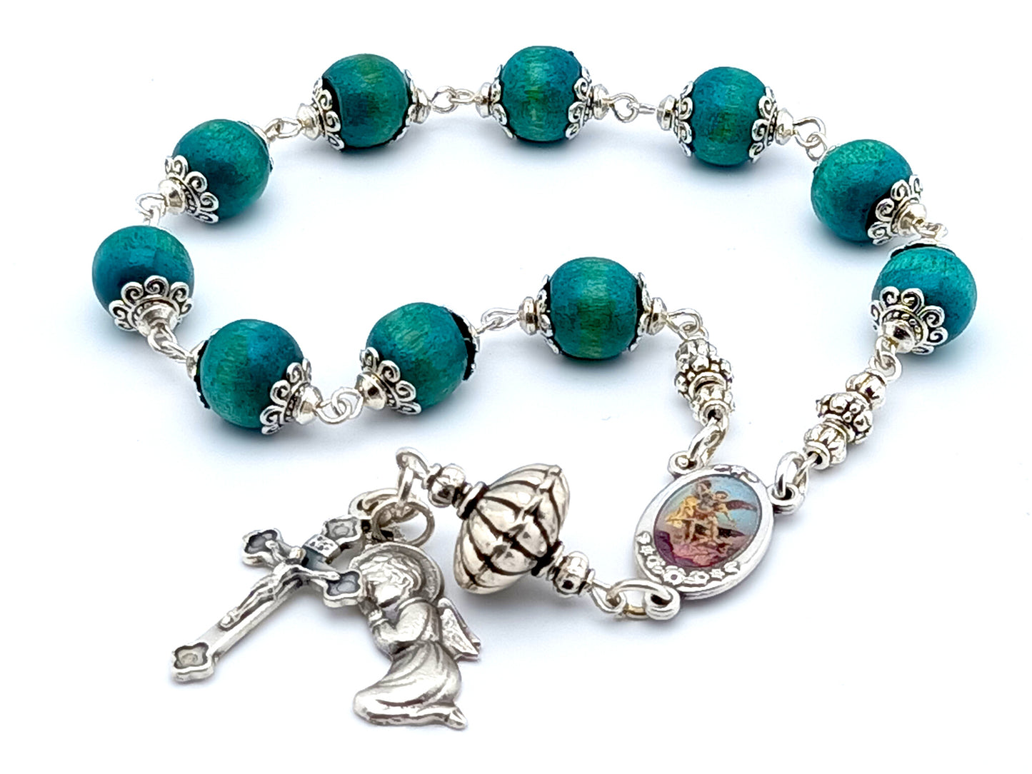 Saint Michael unique rosary beads single decade rosary with green wooden and silver beads, picture centre medal and silver end medal and crucifix.
