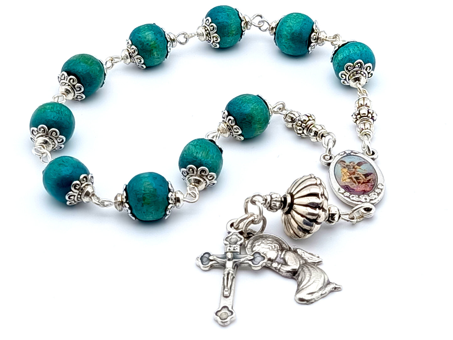 Saint Michael unique rosary beads single decade rosary with green wooden and silver beads, picture centre medal and silver end medal and crucifix.